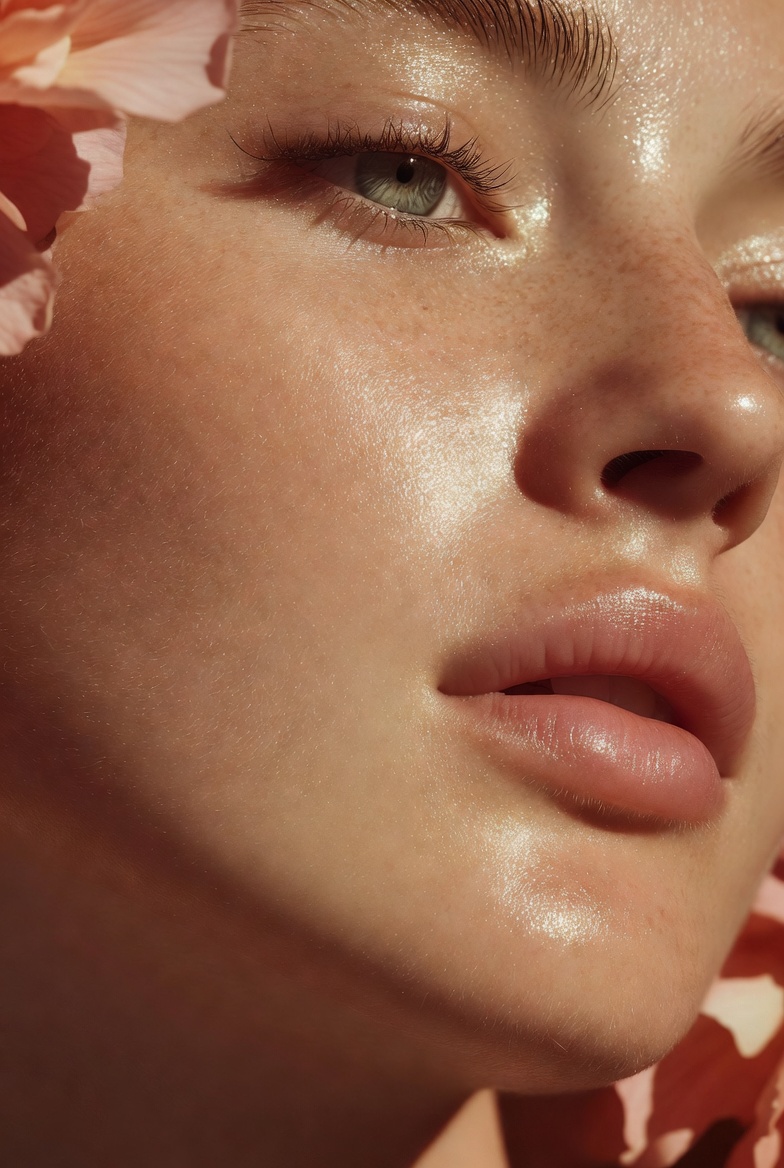Close-up of luminous hydrated skin with soft floral colour